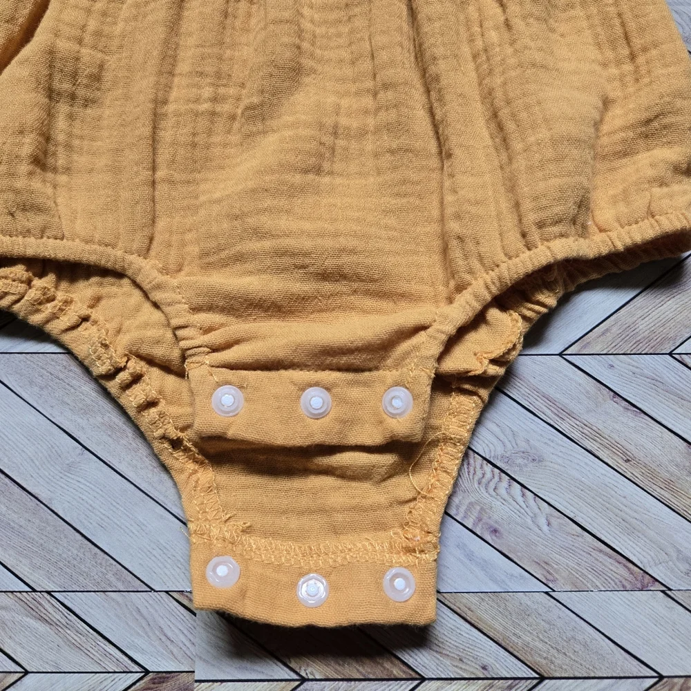 Mustard Yellow Baby Romper White Floral Crochet Detail Boho Summer Outfit 12-18M